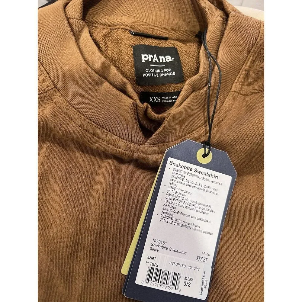 Prana NWT SnakeBite Gender Neutral Sweatshirt Tan Brown‎ Outdoor Hike XXS